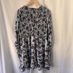 Anthropologie Floral Mini Dress 2X Blue Long Sleeve Boho Peasant Festival Pocket